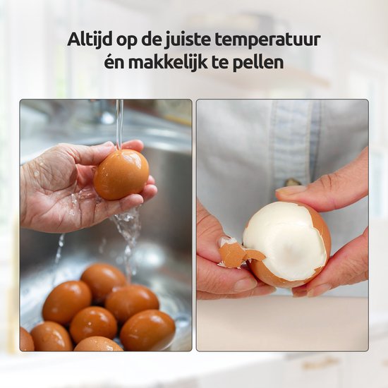 Handen spoelen bruine eieren onder de kraan en handen pellen een gekookt ei.