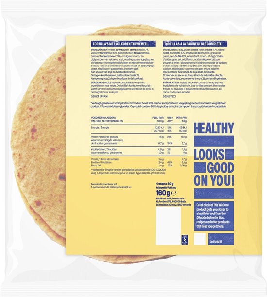 Verpakking van volkoren tortilla's met voedingswaarde-informatie en de tekst 'Healthy Looks Good On You!'