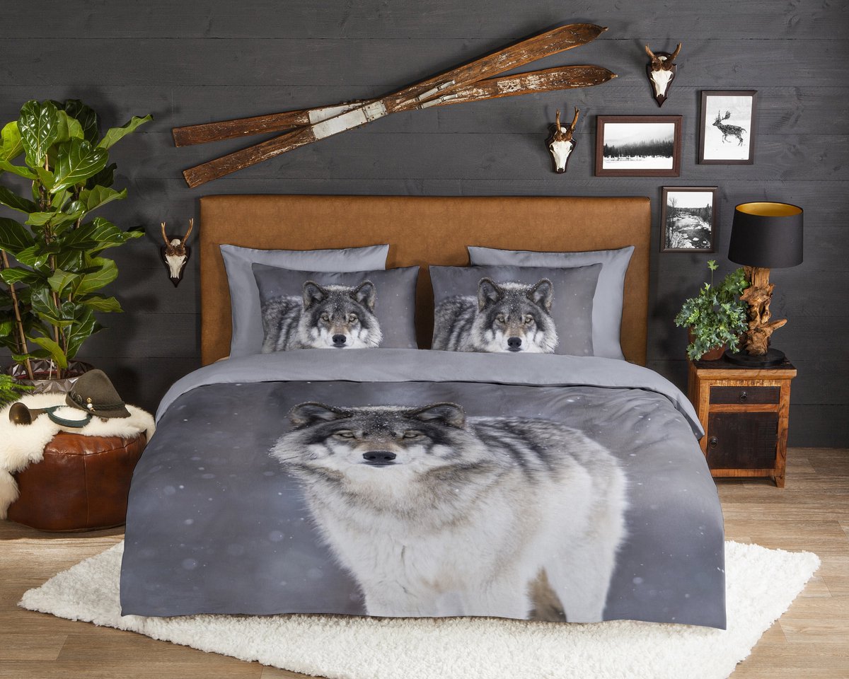 Good Morning dekbedovertrek wolf - Lits jumeaux XL 260x200/220 cm - Grijs - 100% Katoen flanel