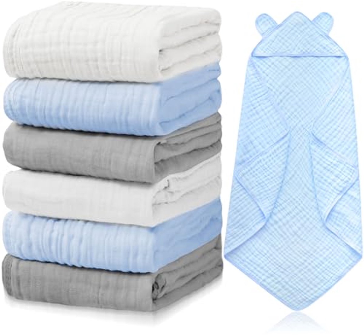 Image of 6 Stuks Katoenen Babyhanddoeken met Capuchon - Absorberende Mousseline Badhanddoeken voor Peuters en Pasgeborenen