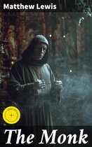 Een monnik in een bruine habijt met kap, met een rozenkrans in zijn handen. De titel 'The Monk' en 'Matthew Lewis' staan bovenaan.
