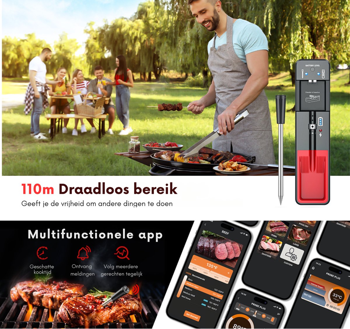 Uzone Wireless Meat Thermometer, Digital BBQ Thermometer Smart Cooking Thermometer with 4 Probes for Smoker Grilling BBQ Oven Kitchen, Support iOS & Android