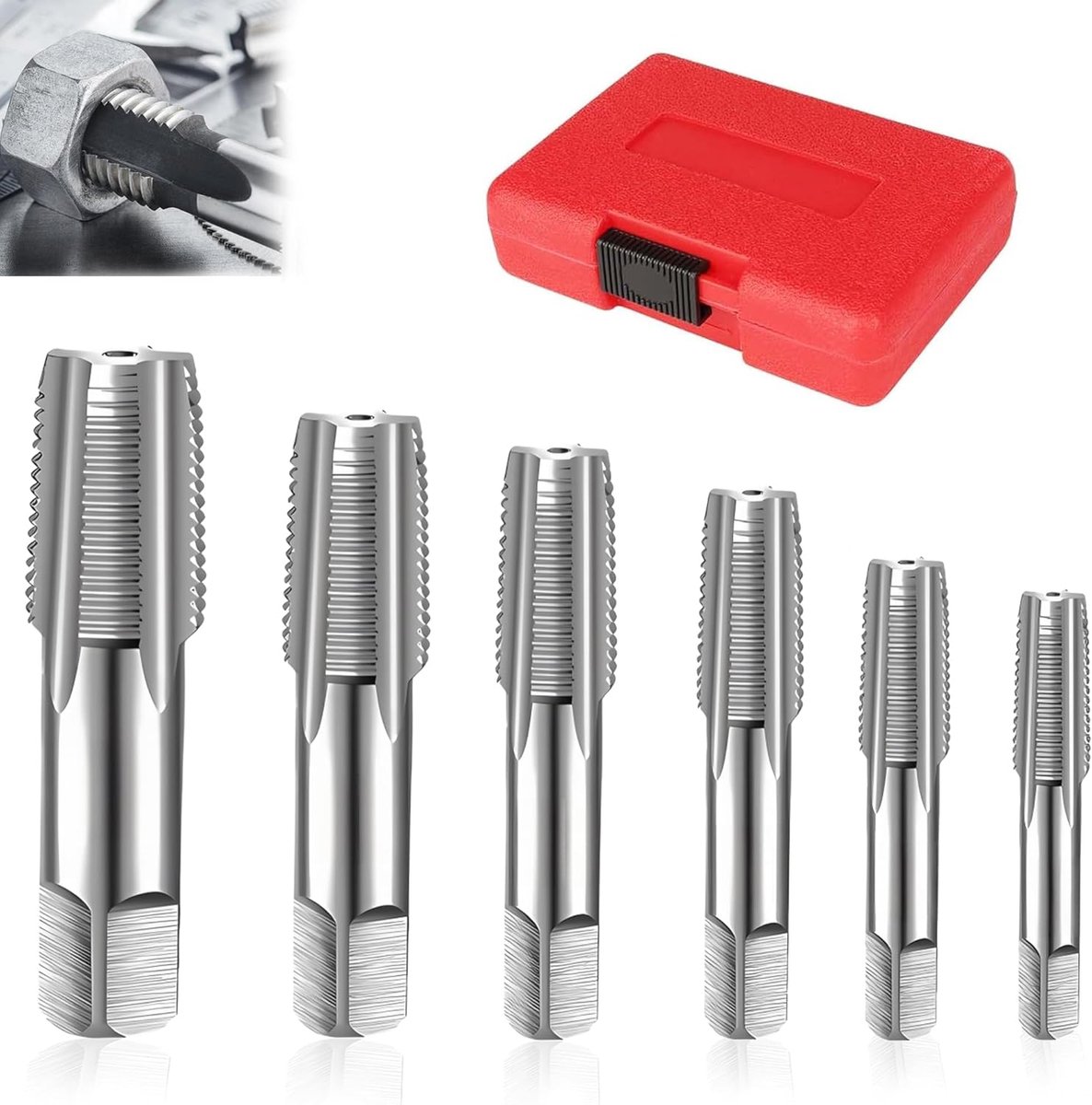 6-delige NPT pijpdraadset - Schroefdraadsnijgereedschap buisschroefdraad voor nauwkeurige schroefdraad - inclusief 6 schroefdraadboren en 1 opbergdoos, 1 inch, 3/4 inch, 1/2 inch, 3/8 inch, 1/4 inch