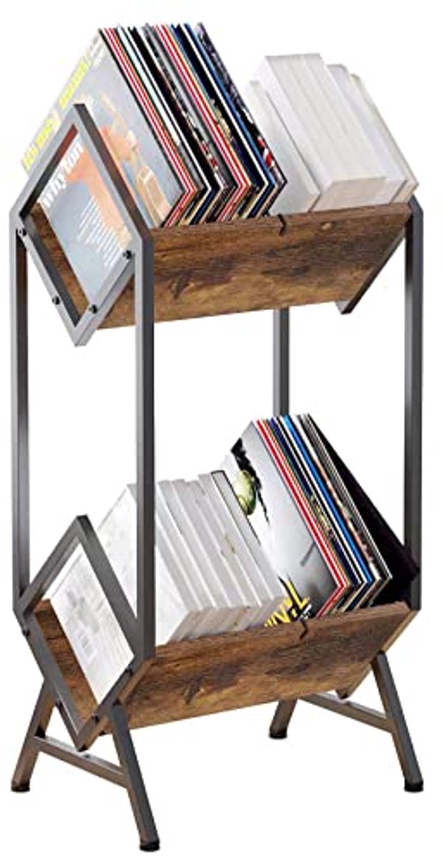 Vinyl Record Storage Houder - 2-Tier Opberger voor 160-200 LP's met Vintage Design in Mat Zwart