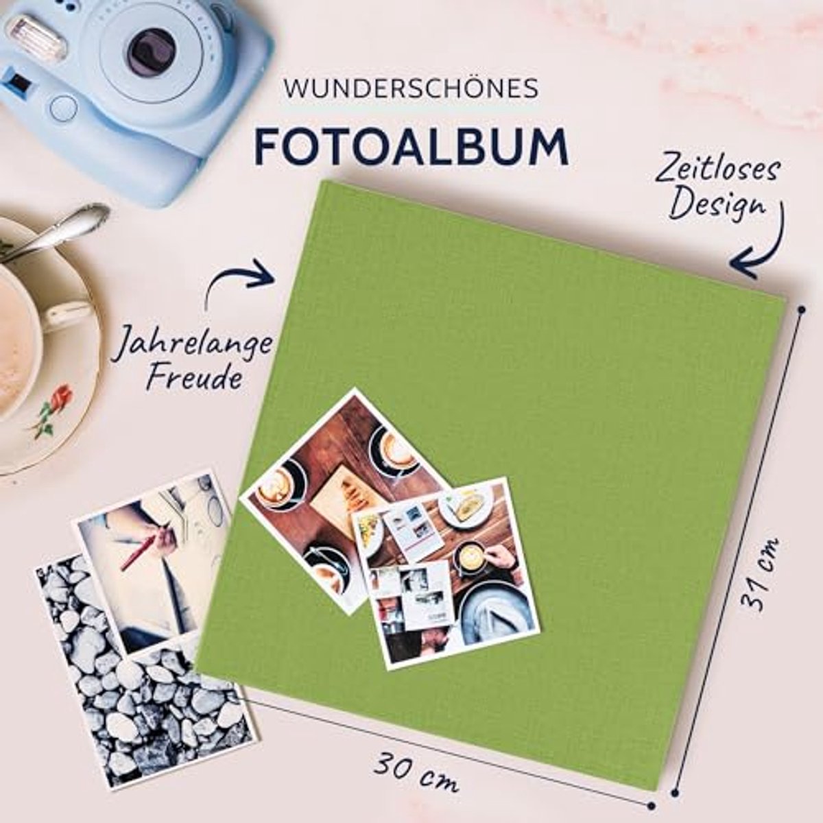 Fotoalbum voor Herinneringen in Lichtgroen, 30 x 31 cm, Met 100 Witte Pagina's