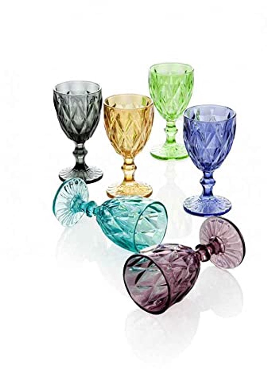 Diamante Beker Set van 6 - Multi Kleuren Glas voor Tafel Decoratie