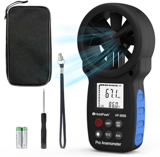Digitale Anemometer voor Wind Snelheid, Temperatuur en meer - Draagbare Windmeter met LCD Achtergrondverlichting