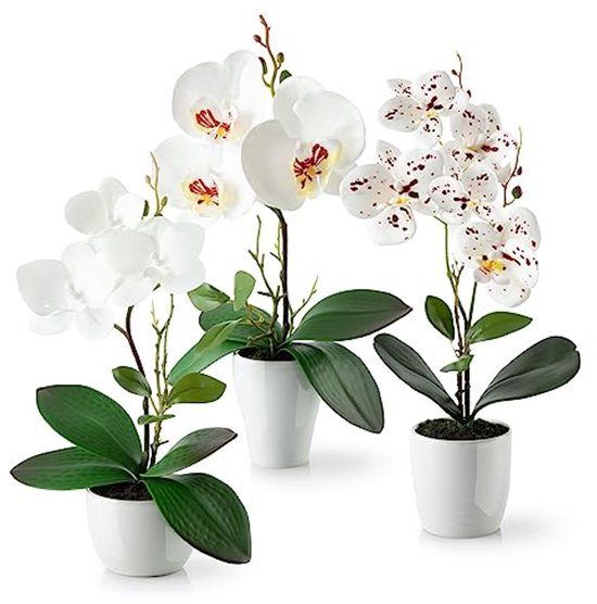 Set van 3 Kunstorchideeën in Hoogglans Keramische Pot, 35 cm - Stijlvol Decoratief Arrangements