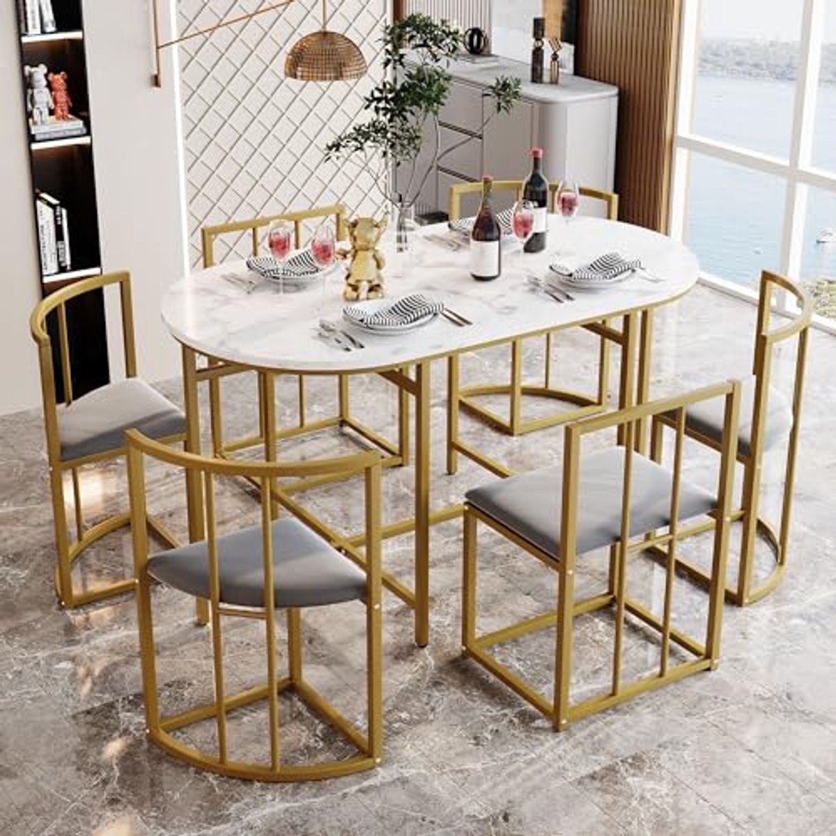 Moderne Eettafel met 6 Stoelen Set voor Eetkamer, Keuken en Woonkamer