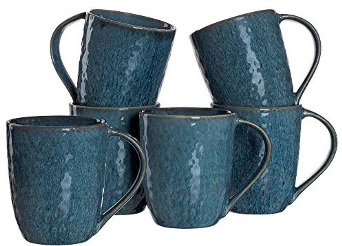 Set van 6 keramische mokken - Rustiek design in blauw