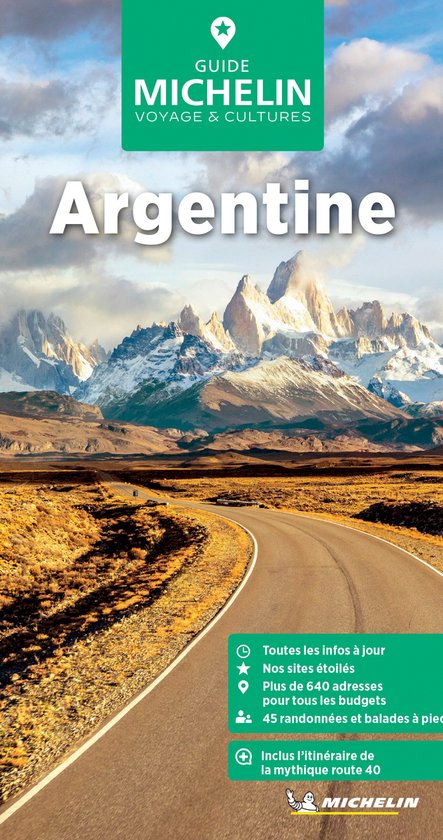 Michelin Reisgids Argentinië met besneeuwde bergen en een weg die door een droog, goudkleurig landschap slingert.