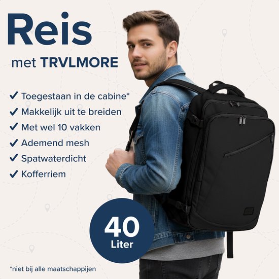 TRVLMORE 40L Reistas - Handbagage Rugzak - Rugtas - Weekendtas - Spatwaterdicht - Dames en Heren - Zwart