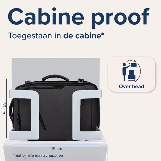 Zwarte TRVLMORE rugzak van 49 cm x 39 cm, past in overhead bagagevak.