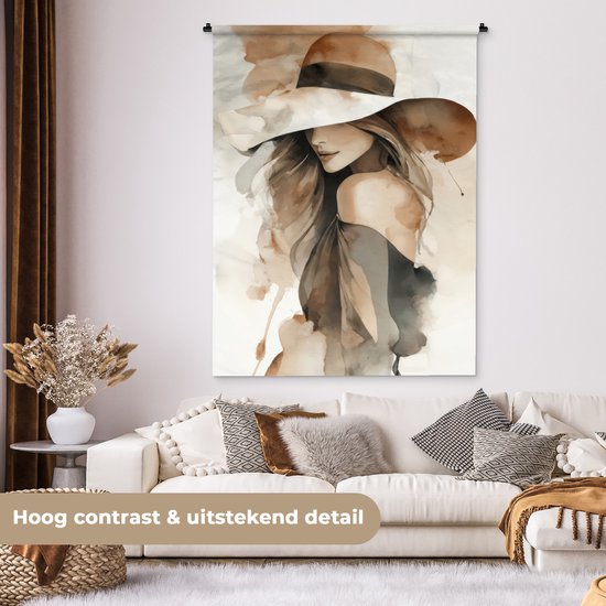 Wandkleed 120x160 cm - Wanddoek Mysterieus - Vrouw - Sepia - Wandtapijt - Wandkleden