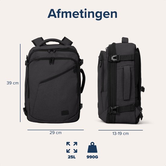 Zwarte rugzak van voren (39x29 cm) en van de zijkant (13-19 cm diep), met 25L en 990G.