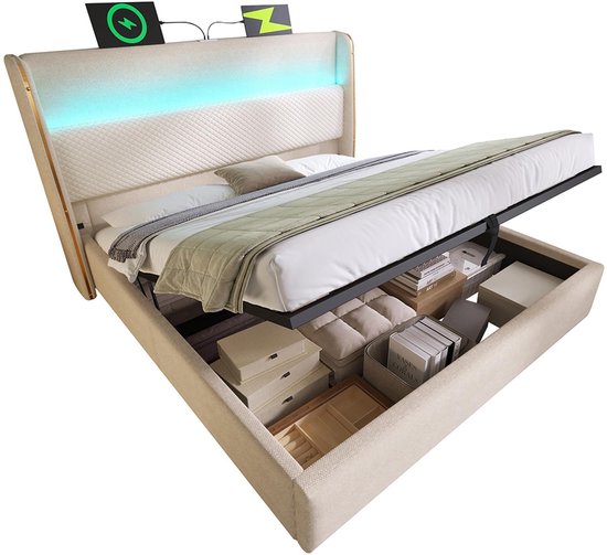 Bed met opbergruimte 160x200 cm - wit PU - tweepersoonsbed met ledverlichting en USB-oplader