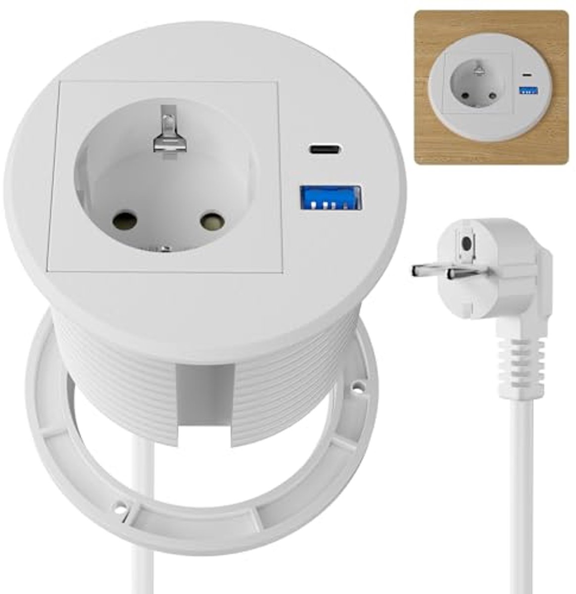Tafelaansluiting met USB-C PD20W en USB-aansluiting, Inbouwdoos met 2 m Kabel, Wit