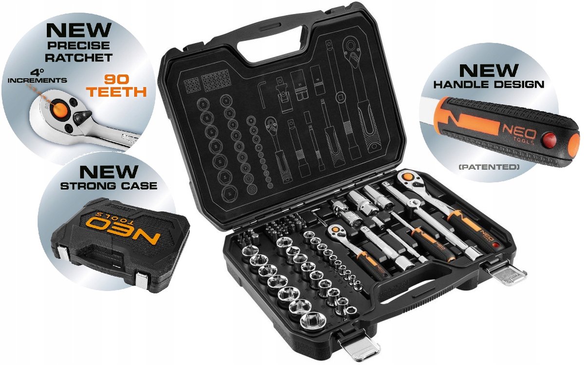 NEO Dopslagsleutel Set 1/2' & 1/4' 73 Delen CrV - Gereedschapskist