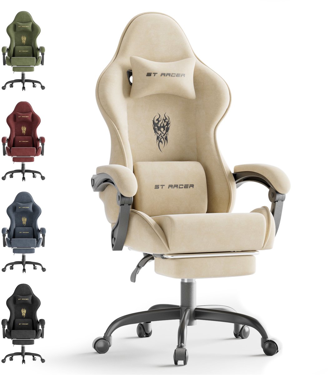 Soontrans Ergonomische Gamingstoel, Gamingstoel, Ademende Bureaustoel Gemaakt van Hoogwaardige Stof, Computerstoel Met Verstelbare Hoofdsteun en Lendenkussen, Armleuningen, Voetsteun, Race-PC-Stoel, Rijst