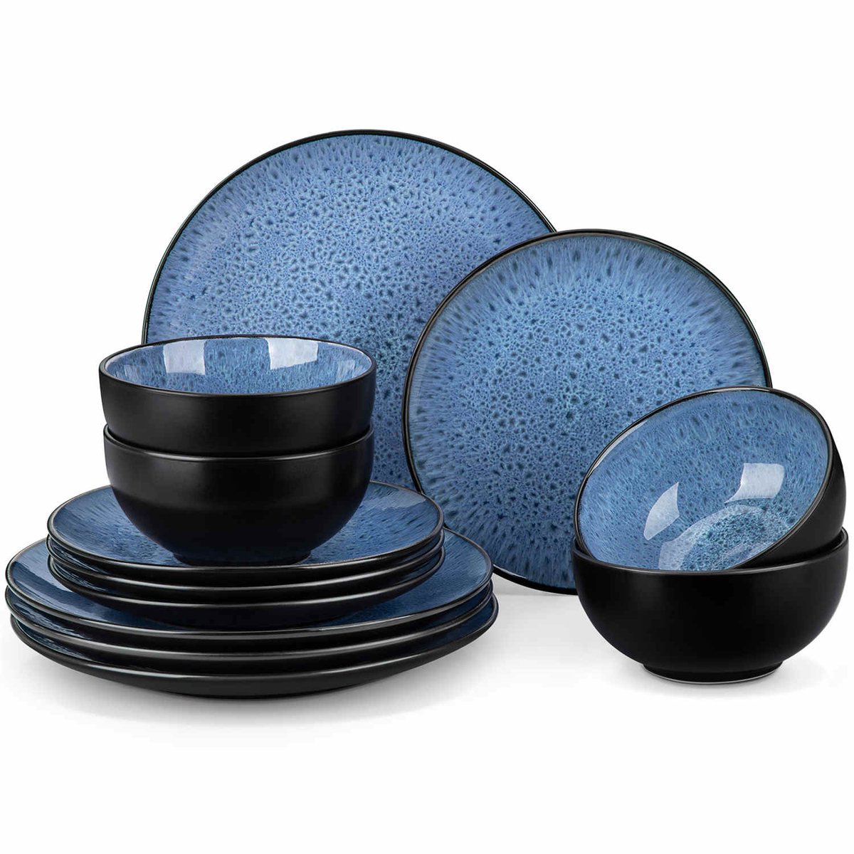 Luxe Serviesset – 12 delig – 4 persoons – Steengoed - Bordenset – Dinner platen – Dessertborden - Kommen - Blauw