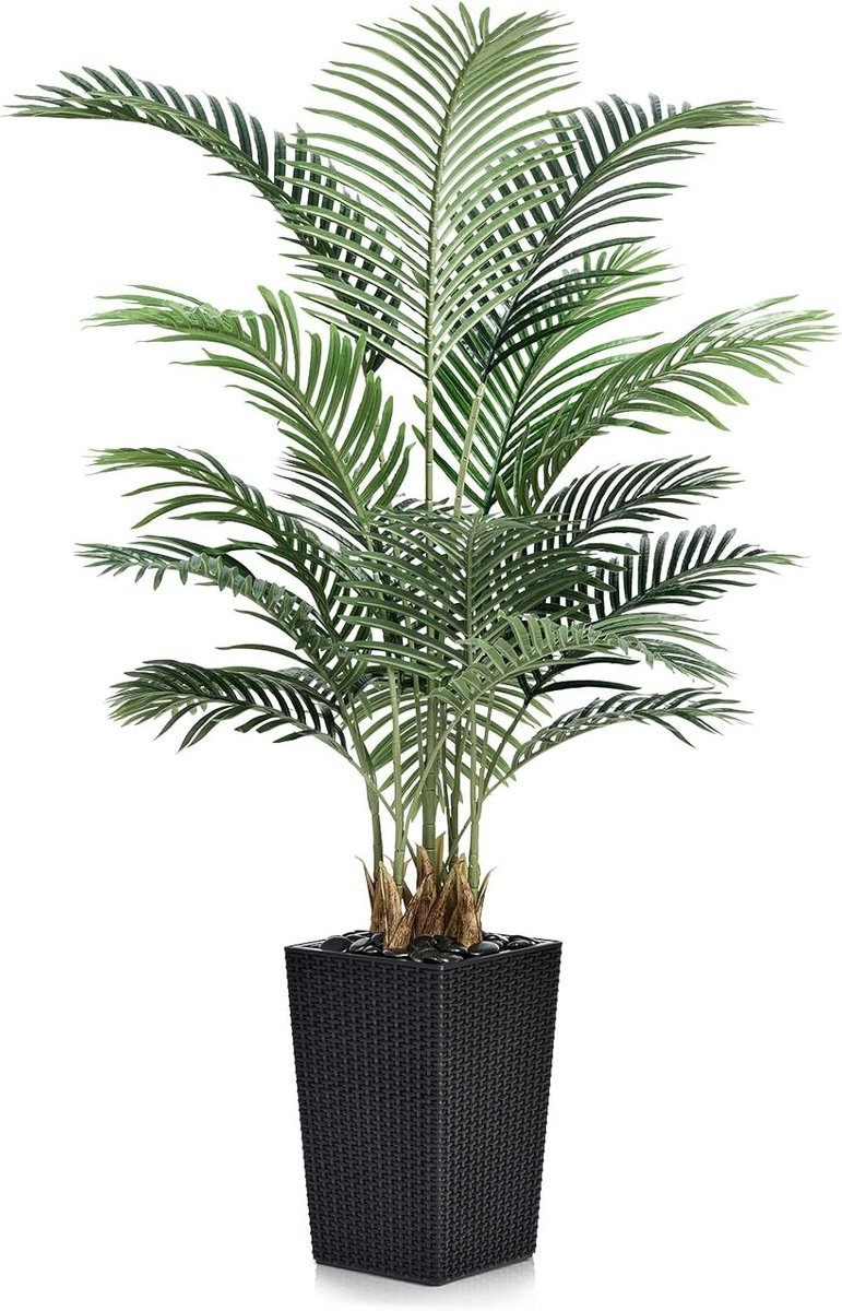 Provento Realistische kunstpalm 150 cm voor binnen en buiten - UV-bestendige kunstboom met vierkante pot - Groot formaat voor woonkamer, kantoor, tuin Groen