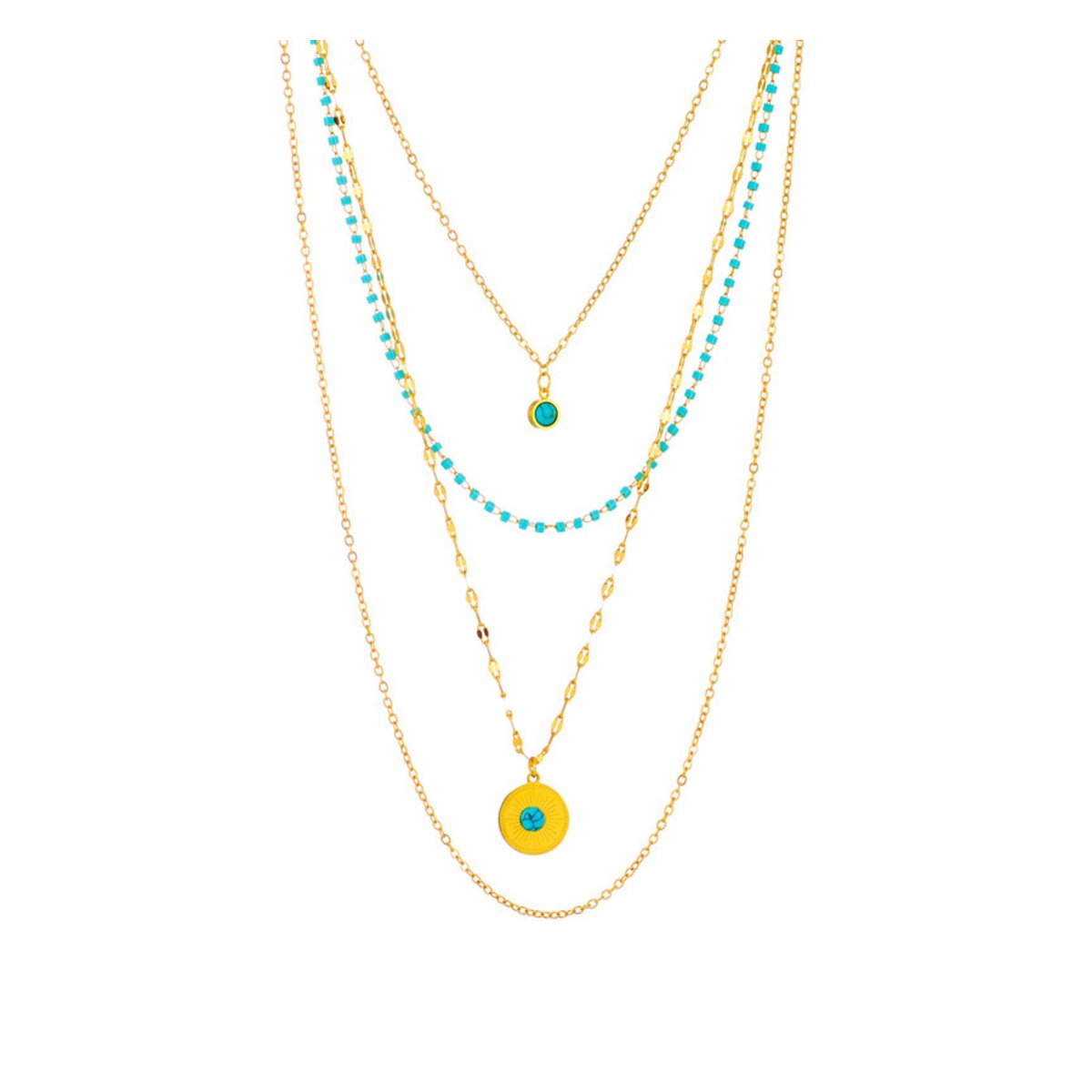 Goudkleurige ketting - 4 Laags Ketting - Layerketting - Turkoois Stenen & Hanger - Roestvrij Staal - Verstelbaar - Boho & Trendy - Dames