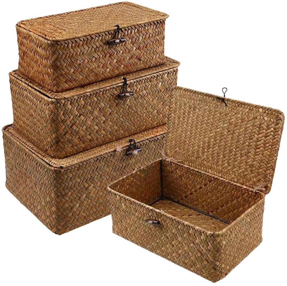 Unyqoos® Set van drie handgemaakte rotan opbergmanden met deksel van zeegras