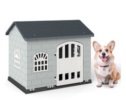 COSTWAY Hondenhok voor buiten, weerbestendig hondenhuis met zadeldak, afsluitbare deur en 3 ramen, huisdierhuis voor kleine en middelgrote honden en katten, hondenkooi voor binnen, 75 x 58 x 65 cm