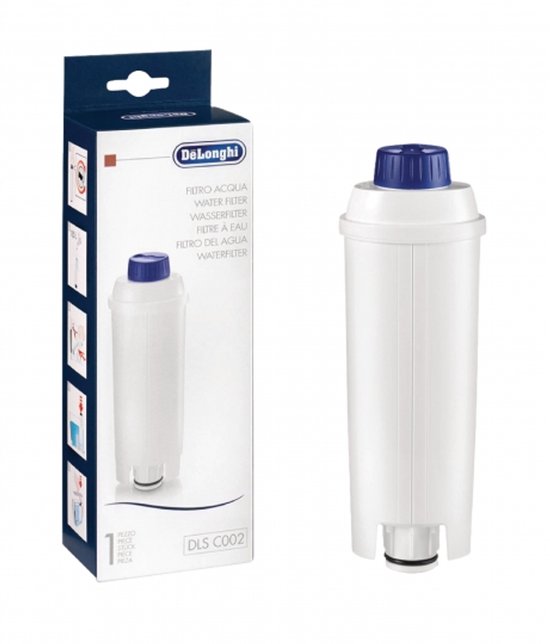 Doos en los De'Longhi waterfilter DLSC002, met tekst en afbeeldingen op de doos.