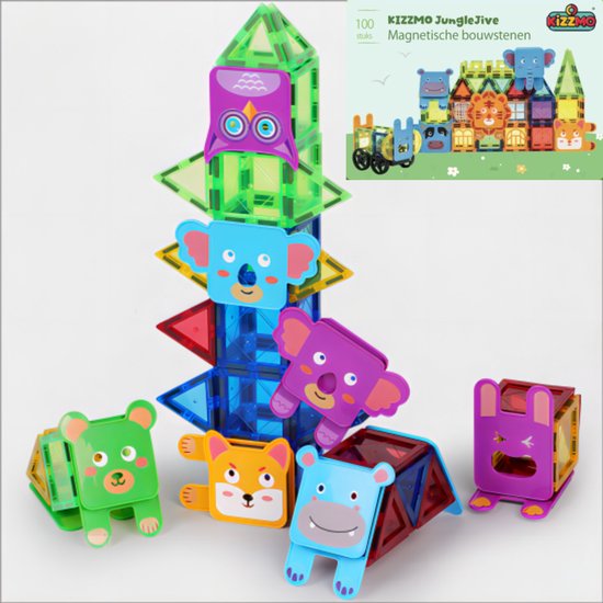 Magnetic Tiles - 100 delige Bouwset - Magna Tiles - Educatief Speelgoed - Creatief Magnetisch Speelgoed - Montessori Speelgoed - Magnetische Bouwblokken - Speelgoed Kinderen - Kizzmo ® JungleJive