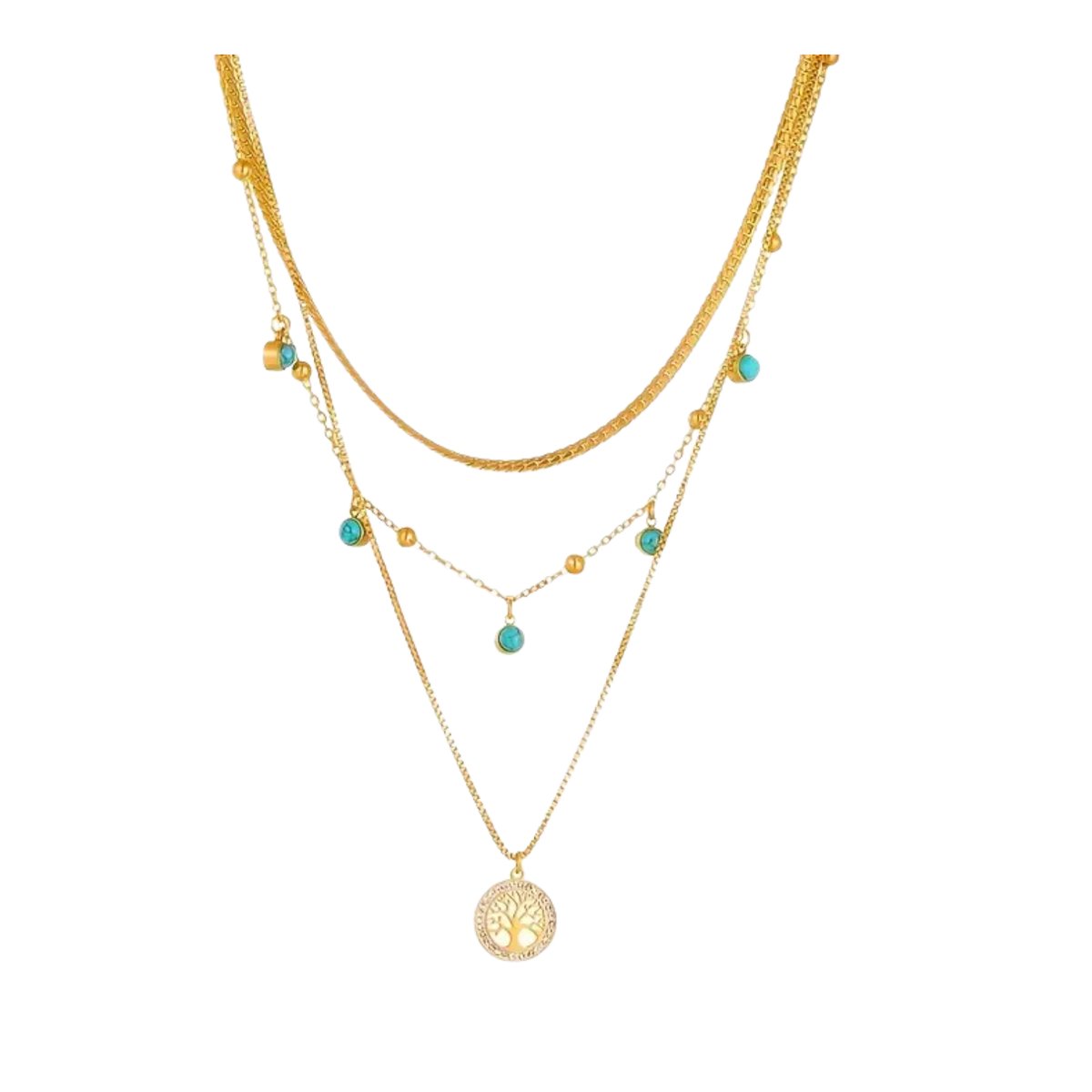 Goudkleurig - Ketting - 3 Laagse Layerketting - Levensboom & Turkoois Stenen - Roestvrij Staal - Verstelbaar - Trendy & Duurzaam - Dames