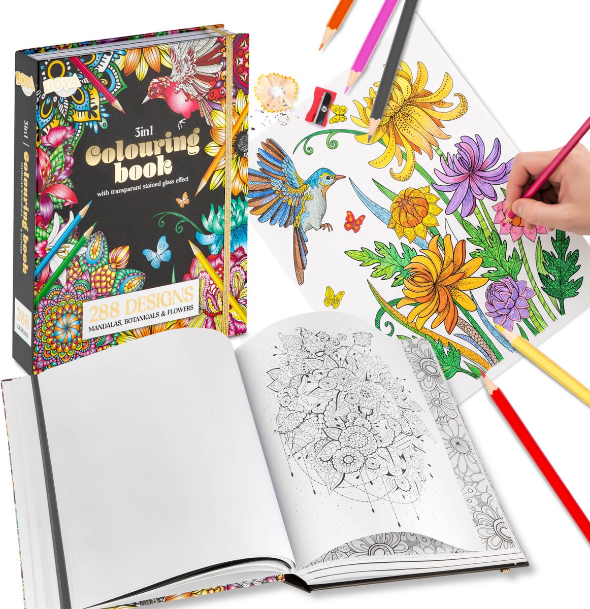 Luxe Kleurboek Voor Volwassenen - 288 Kleurplaten - Foliedruk Kleurplaten - Glas in lood effecten - Formaat 25x20cm - Botanisch, Dieren en Mandala kleurplaten - Creatief ontspanning voor Volwassenen - Joya Creative — afbeelding 7