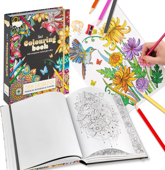 Luxe Kleurboek Voor Volwassenen - 288 Kleurplaten - Foliedruk Kleurplaten - Glas in lood effecten - Formaat 25x20cm - Botanisch, Dieren en Mandala kleurplaten - Creatief ontspanning voor Volwassenen - Joya Creative