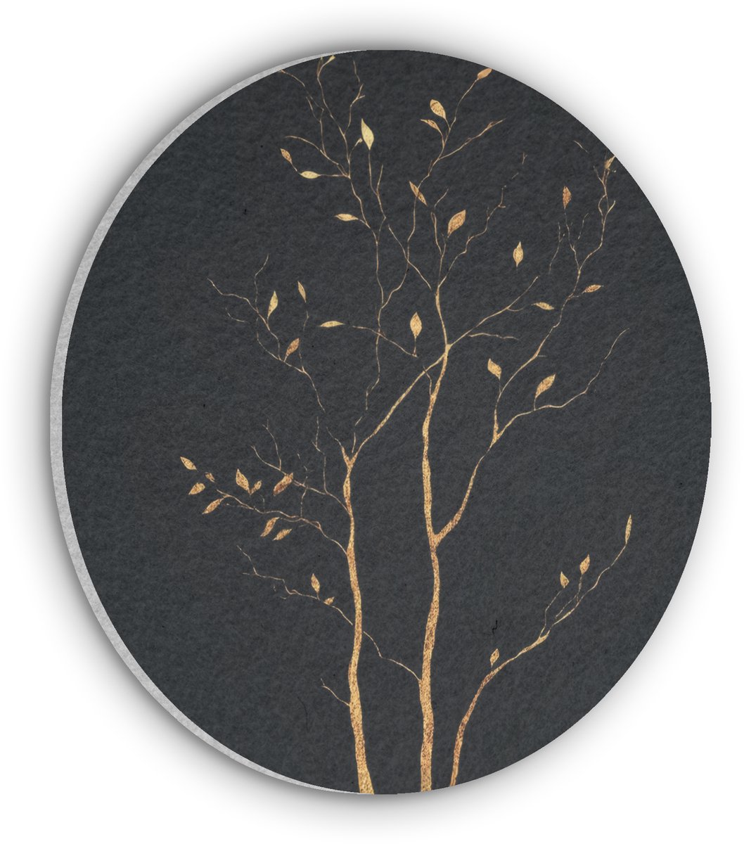 Akoestisch wandpaneel rond 80x80 cm - Vilt schilderij Takken - Blaadjes - Zwart - Ronde akoestische panelen - Geluidsdempende wanddecoratie - Geluidsisolatie wandcirkel - Muurdecoratie geluidspanelen