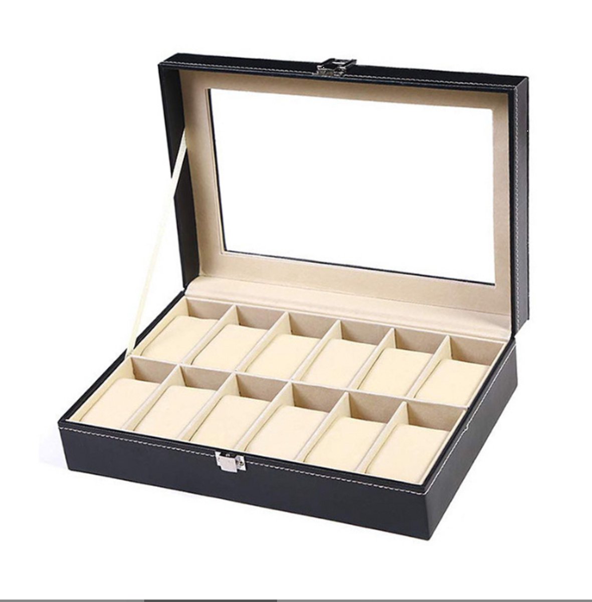 Horloge- en sieradenopbergdoos met 12 vakken van leer