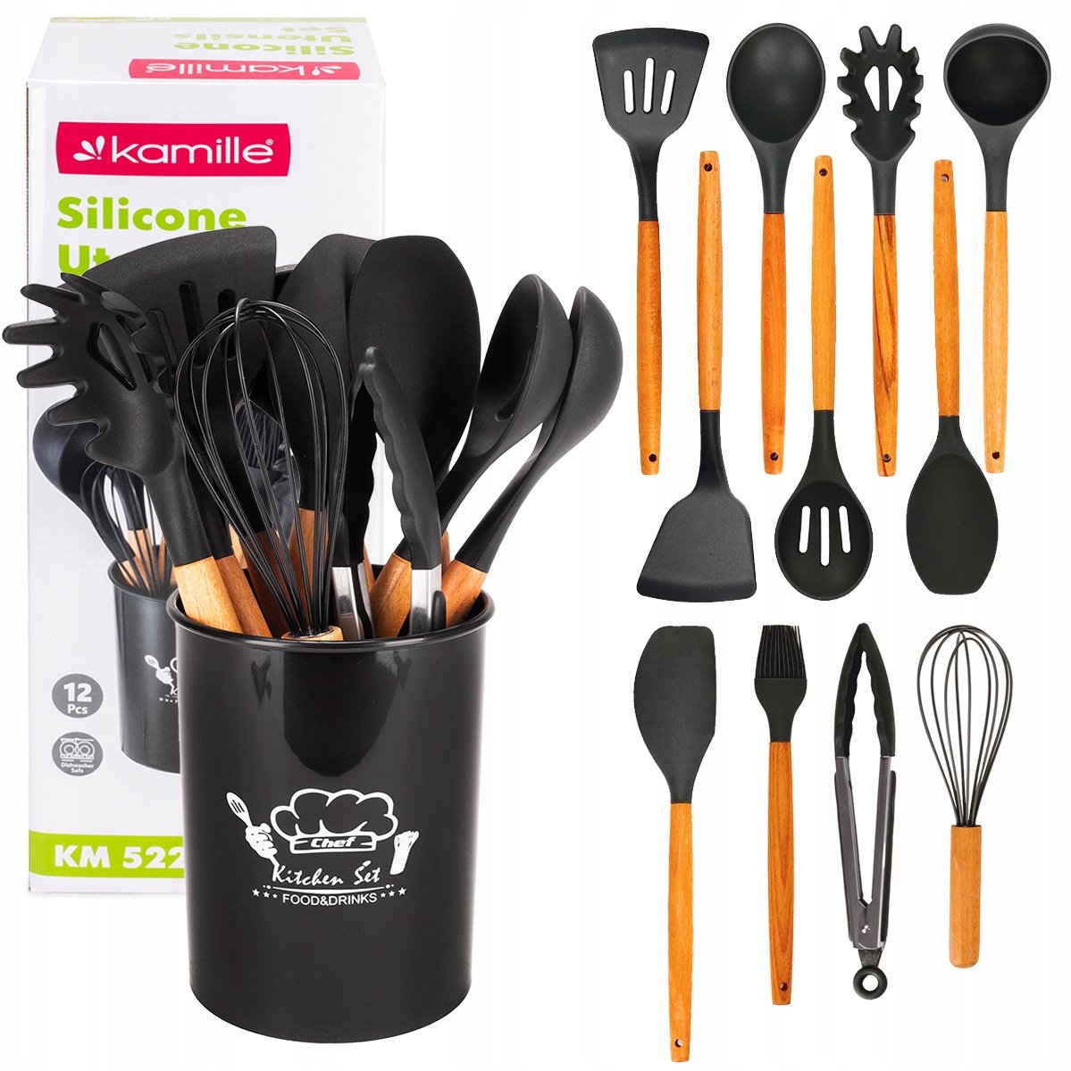 Camomile Keukengerei Set 12-delig - Hout & Siliconen - Inclusief houder