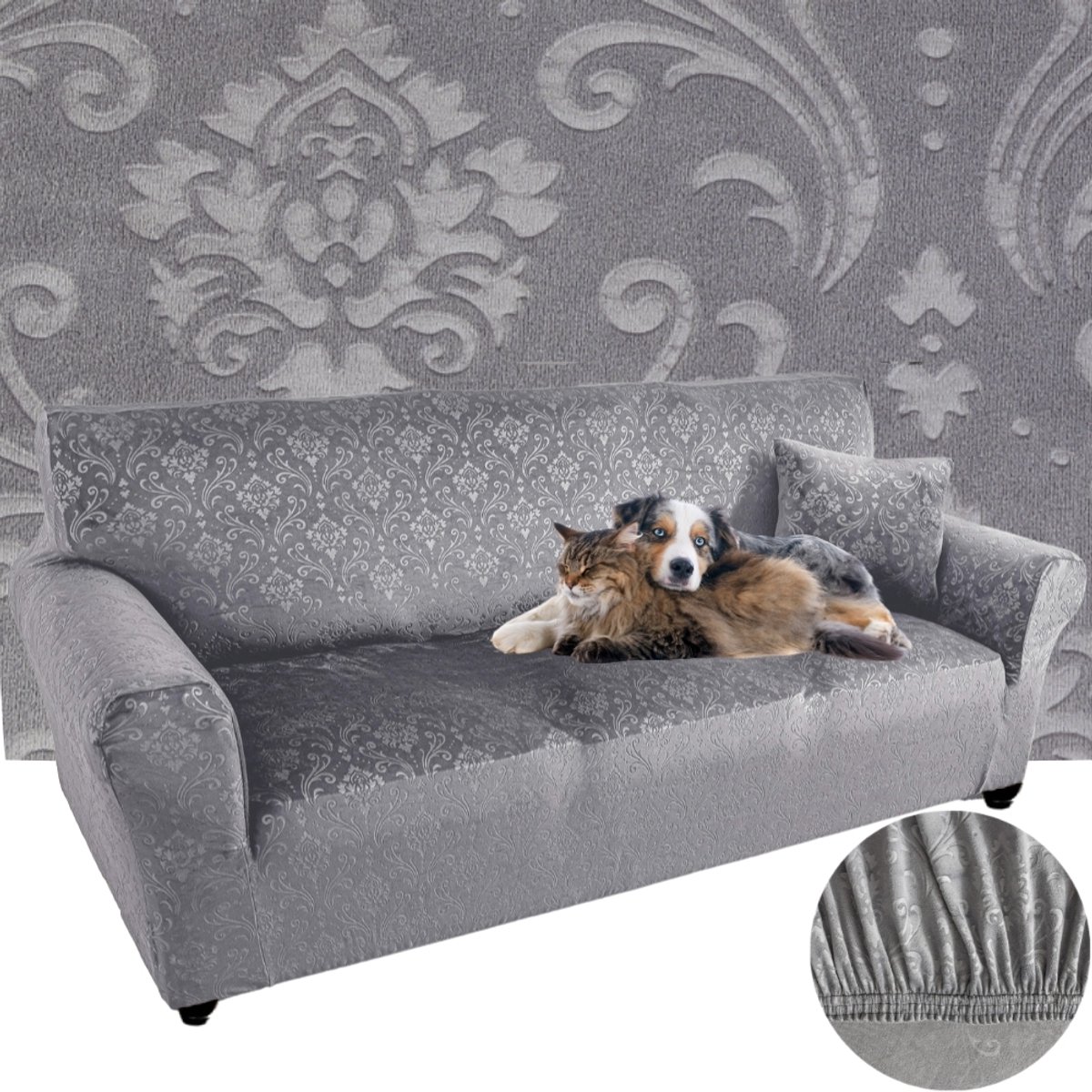Elastische Bankoes Velours Sierlijk Ornament Grijs 235-300cm OKE-TEX