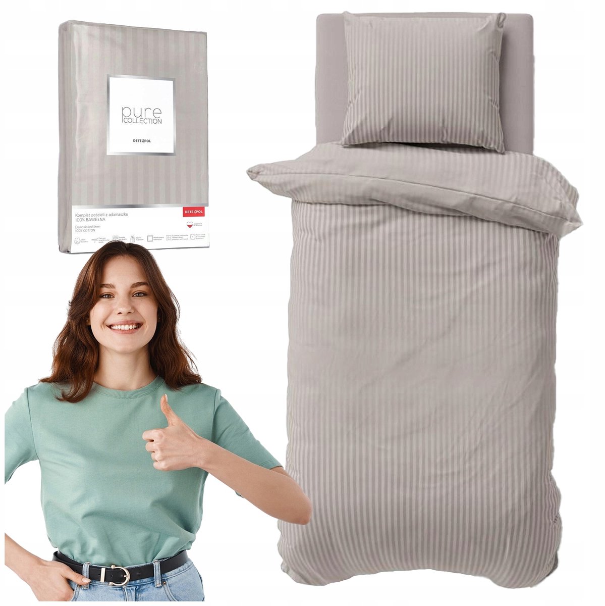 Damast beddengoed 140x200 cm beige met 1 cm streep - Puur katoen