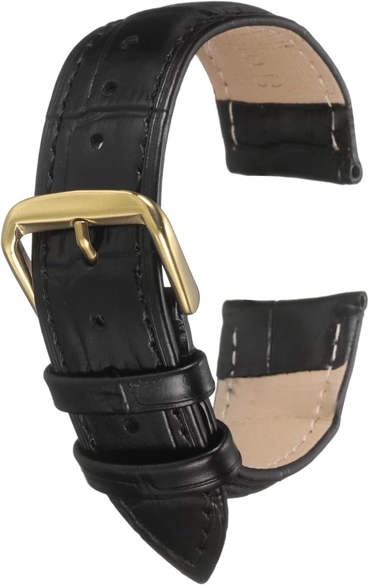 Leren horlogeband 20 mm reliëf patroon rundleer vervanging veerpennen heren dames zwart goud