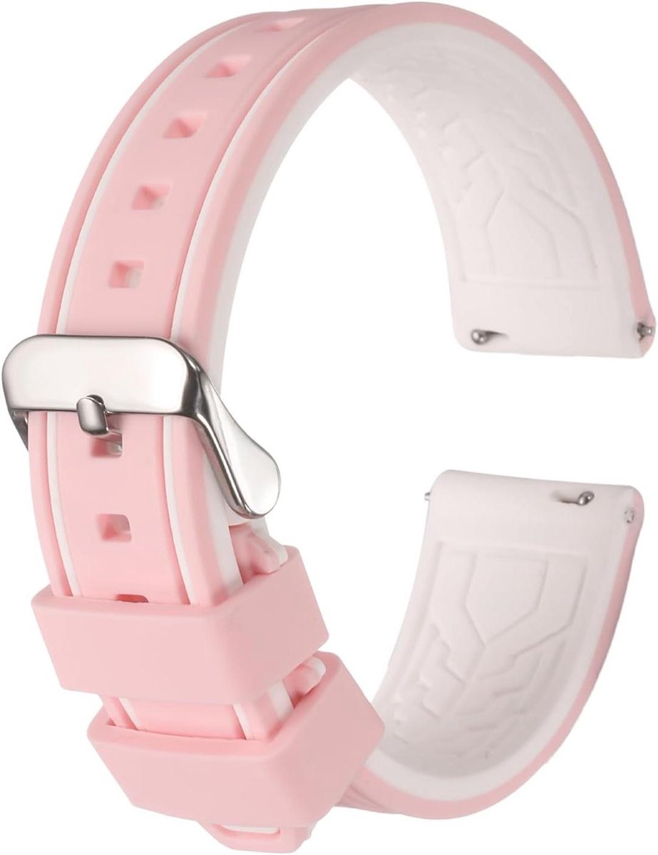 Zachte siliconen horlogeband 22mm breed, snelsluiting, rubberen bandje met zilverkleurige gesp, unisex roze-wit