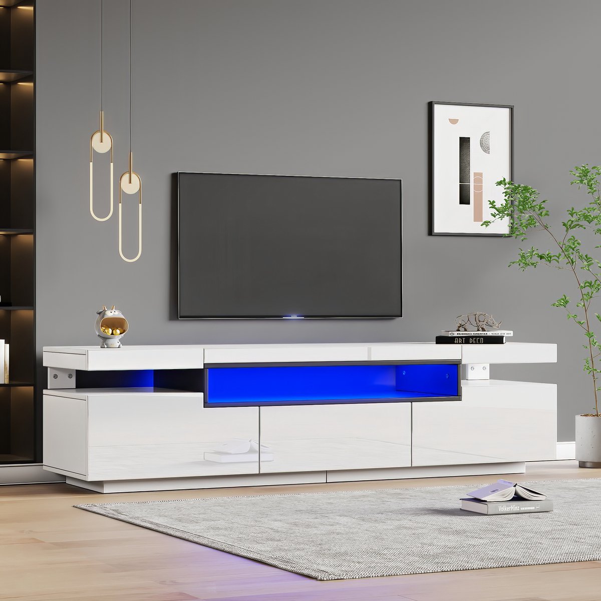 HAUSS SPOLE TV meubel - Hoogglans Hängeschrank met LED-Verlichting en 3 Schubladen - Voor Woonkamer en Slaapkamer - 160x39x42 cm - Hout - Wit