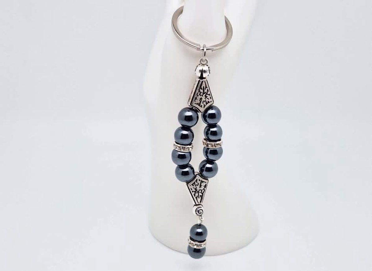 Handgemaakte Harmony Sleutelhanger van natuursteen " Hematiet" en metaal - diameter kralen 10mm - Aantal stenen10- Een mooi cadeau-idee en een bijzonder aandenken