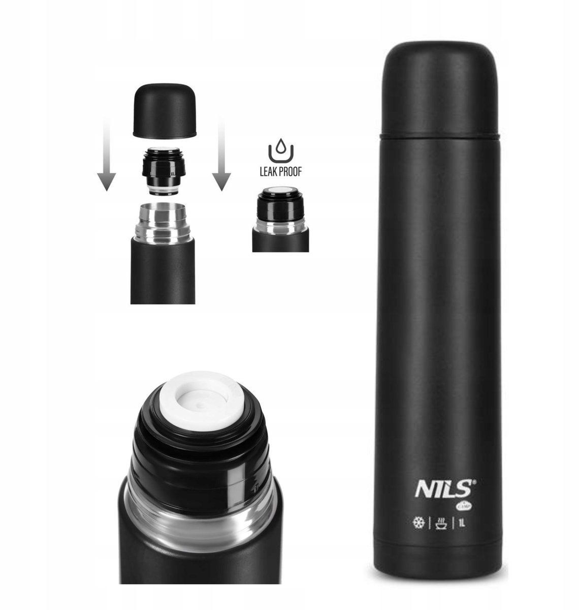 Nils Camp NC3804 Thermos 1L RVS - Zwart, Warm & Koud Isolatie
