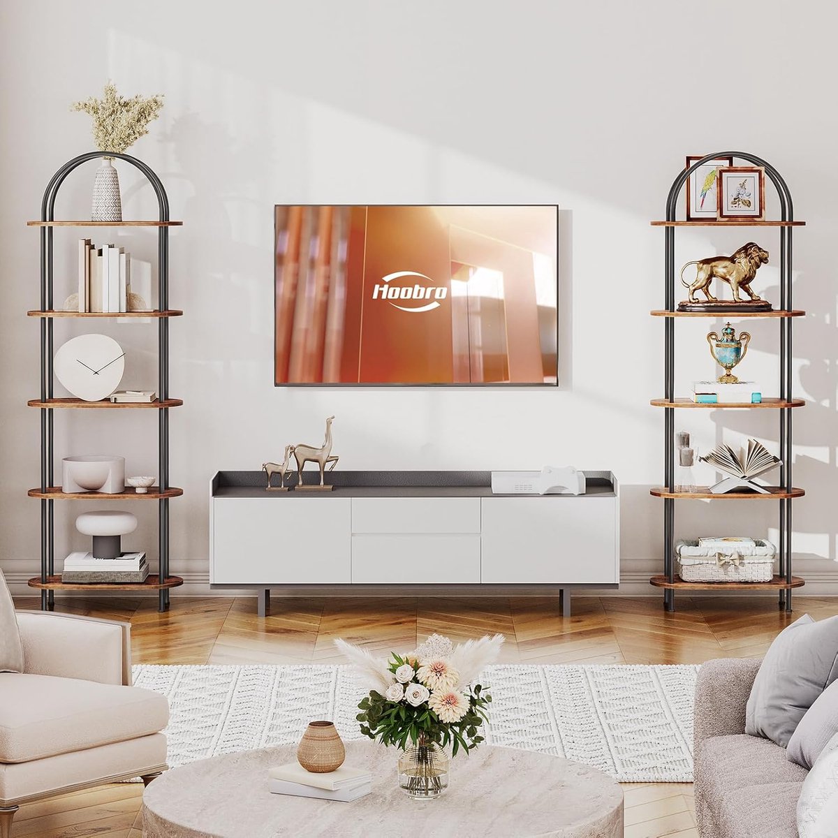 Industriële 5-Laags Boekenplank met Gebogen Ontwerp – Houten en Metalen Boekenkast met Boogvorm, Stijlvolle Open Opbergkast voor Woonkamer, Kantoor, Slaapkamer – Stevig, Ruimtebesparend & Eenvoudige Montage – Rustiek Bruin