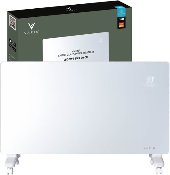 Varin® Smart Design Elektrische kachel - 2500W - 85x55cm - Helder wit glas - IP24 - Met thermostaat - Wandmontage of verrijdbaar - Elektrische verwarming badkamer - Convectorkachel electrisch - Electrische kachels voor binnen - Elektrisch - Tuya Wifi