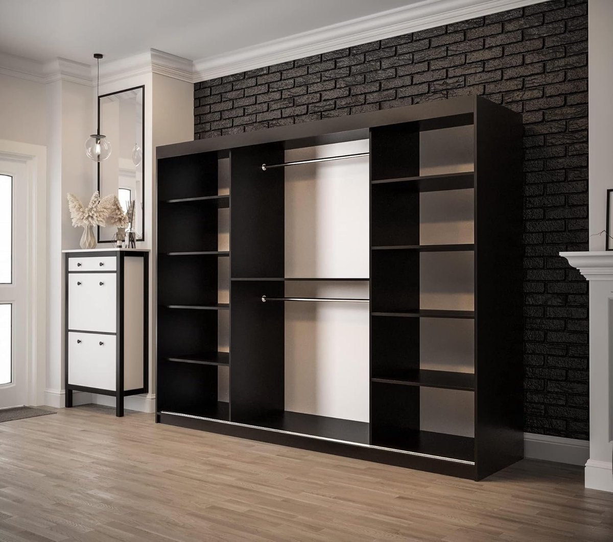Moderne Zwarte Matte Schuifdeurkast 250x200x62 cm met Spiegel – Kledingkast voor Slaapkamer en Woonkamer – Scratch Resistant, PVC-rand, Hoogwaardige Afwerking