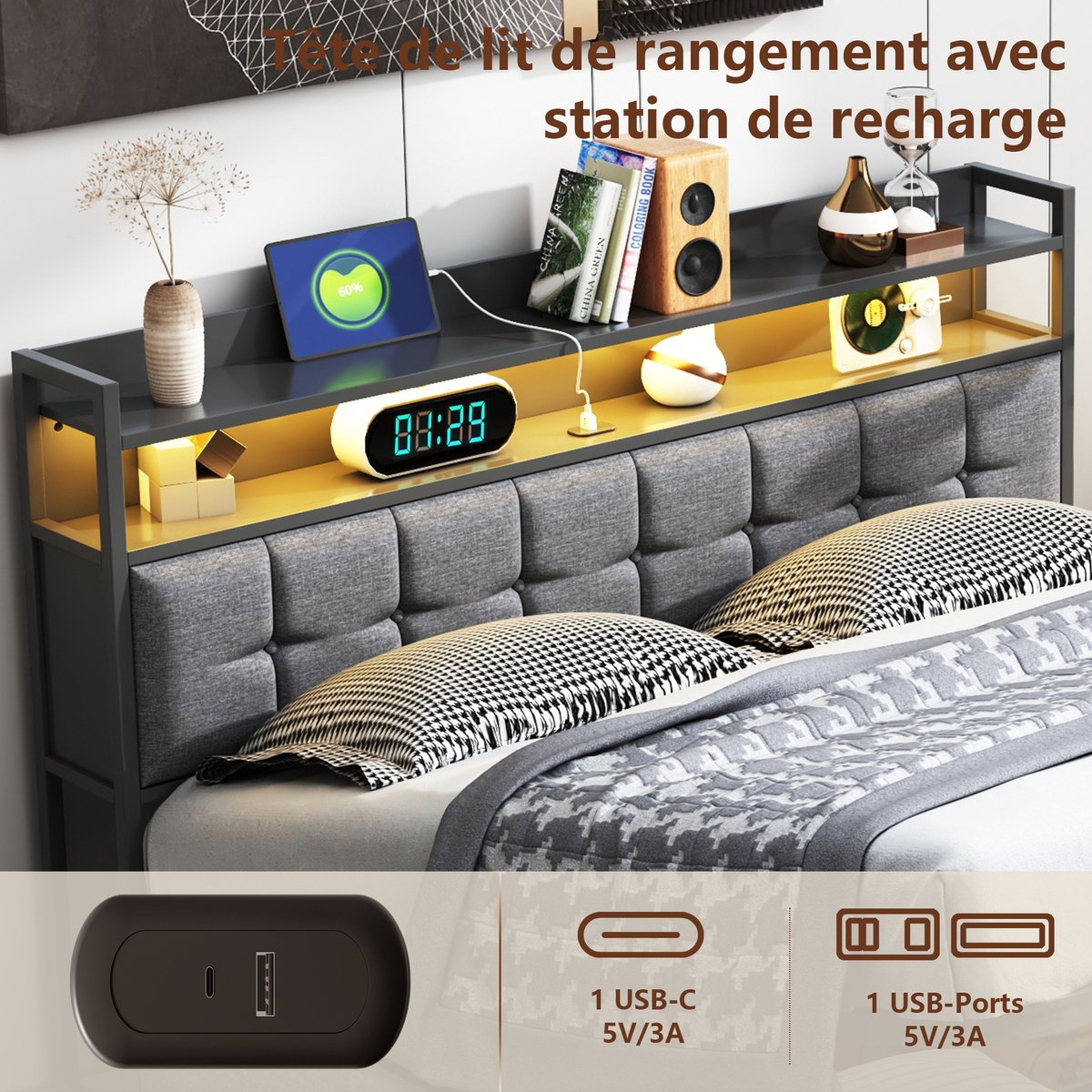SHOPENTRA LED Opbergbed 160x200 cm met USB en Verlichting - afbeelding 2