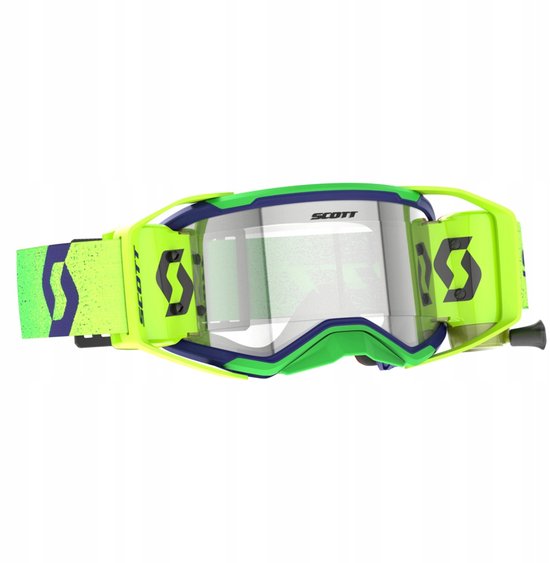 Scott Prospect 2.0 crossbril in veiliggeel, marineblauw en groen met een transparante lens.