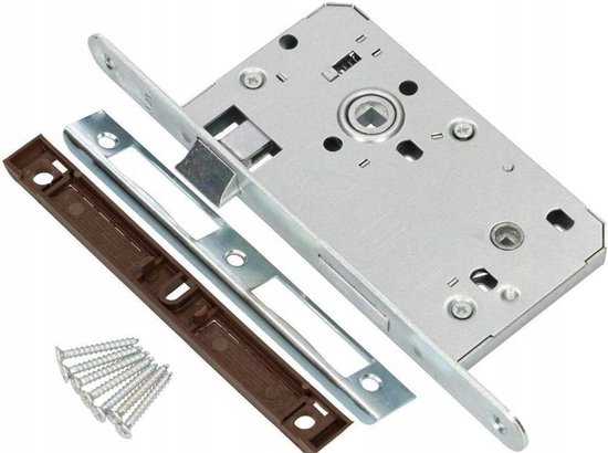 Deurslot met schroeven en sluitplaat, metalen afwerking.
