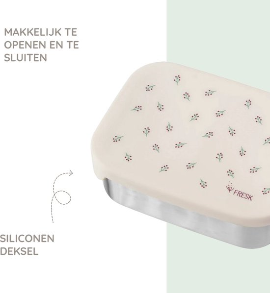 Crèmekleurige broodtrommel met bessenpatroon en siliconen deksel, makkelijk te openen en sluiten.